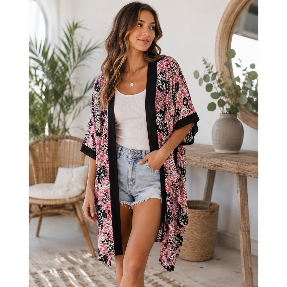 Womens XS Floral Kimono Duster Pink Black Open Front Boho Lightweight Cover Up